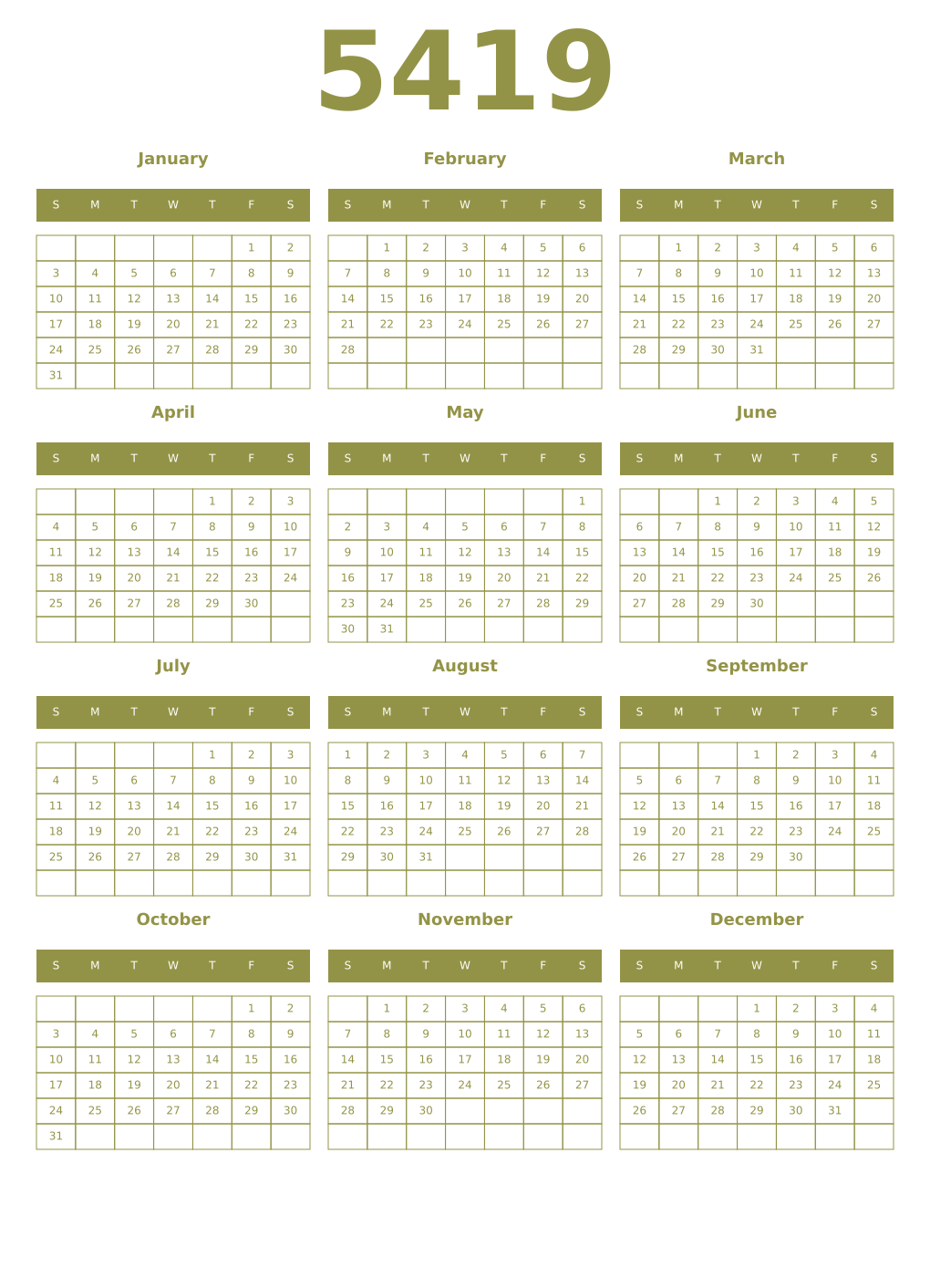 Printable 5419 Year Calendars eburnean