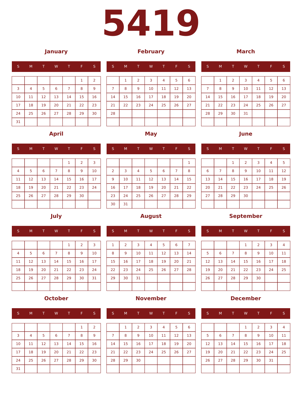 Printable 5419 Year Calendars falu