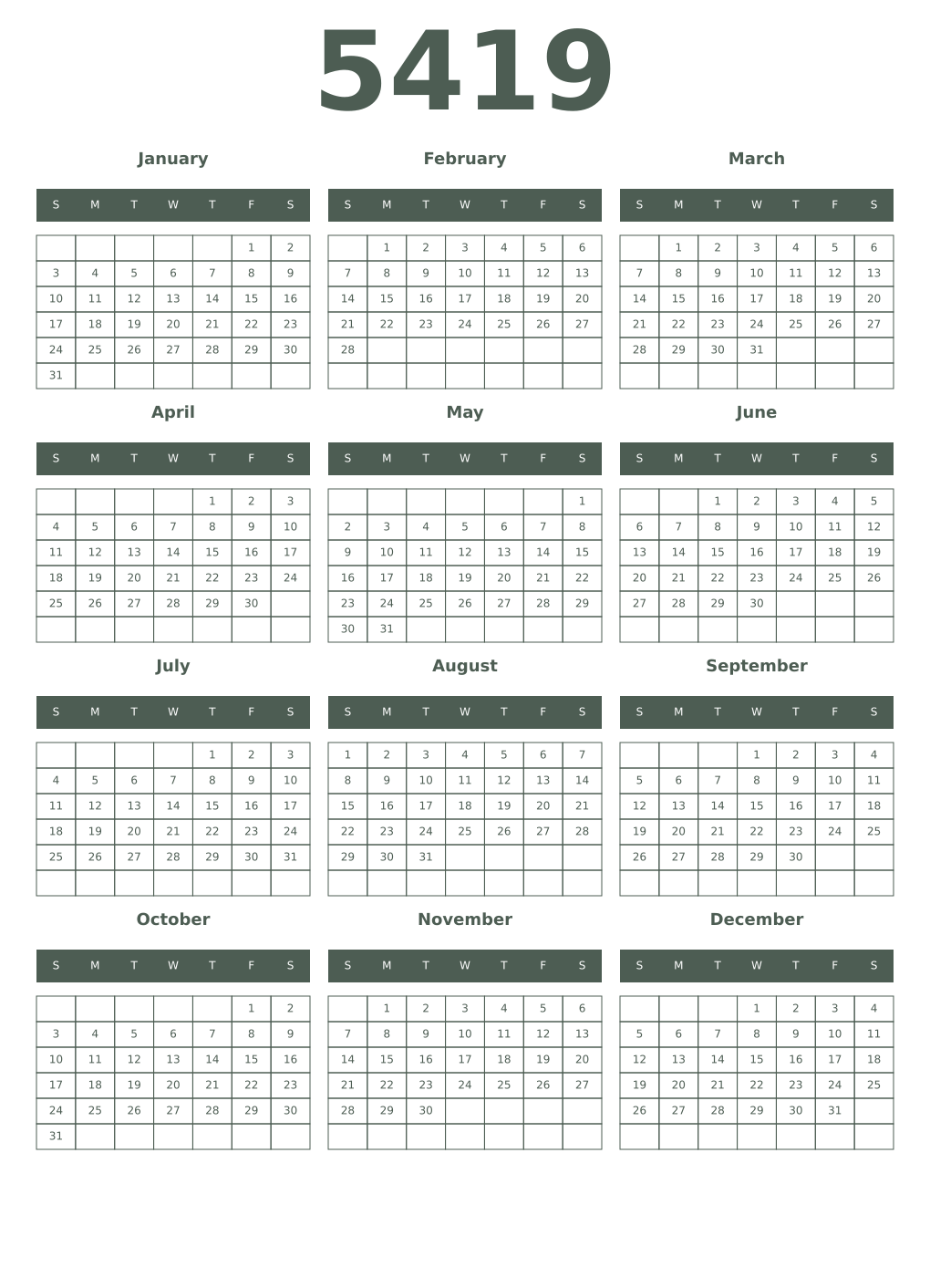 Printable 5419 Year Calendars feldgrau