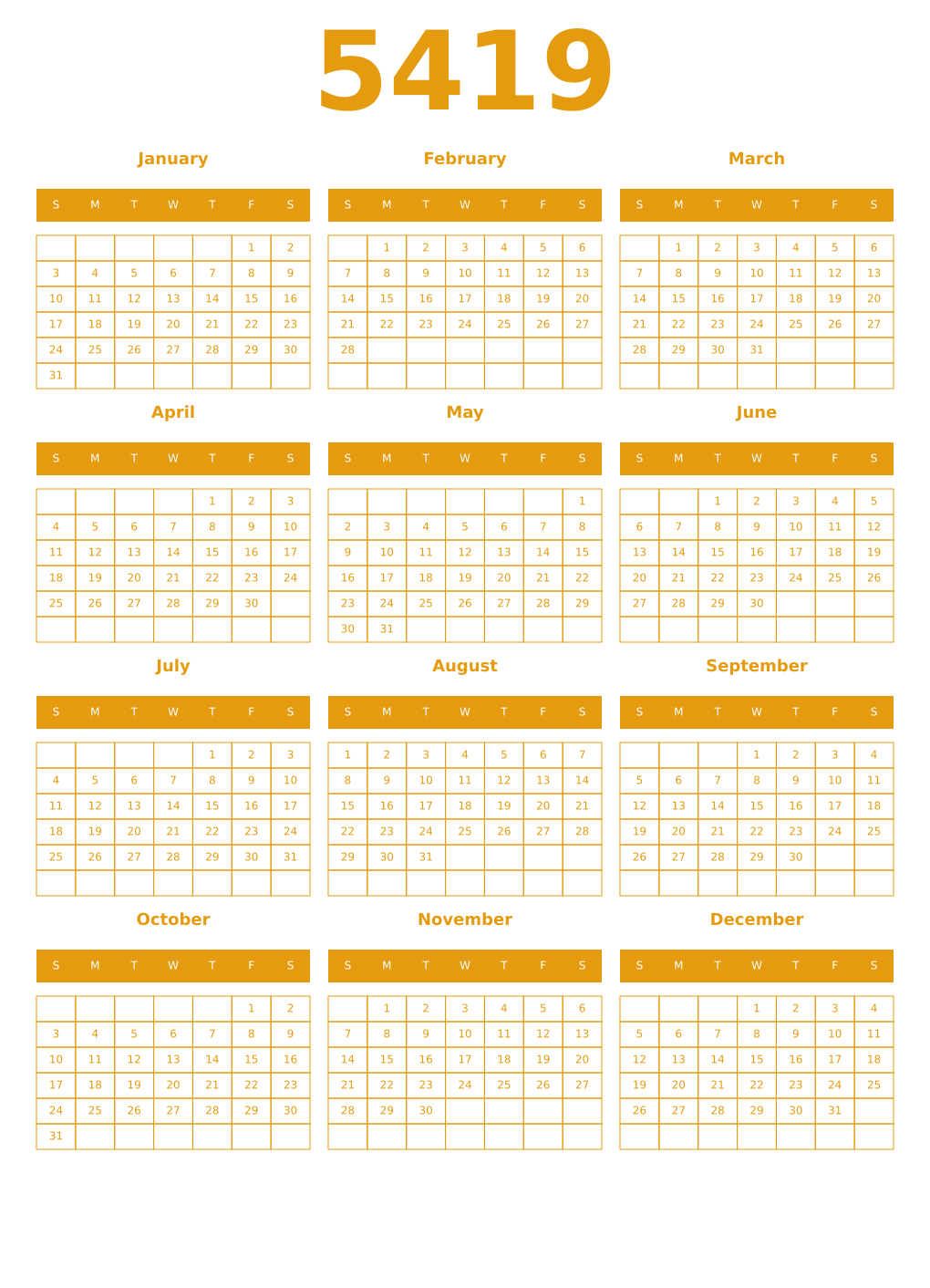 Printable 5419 Year Calendars gamboge