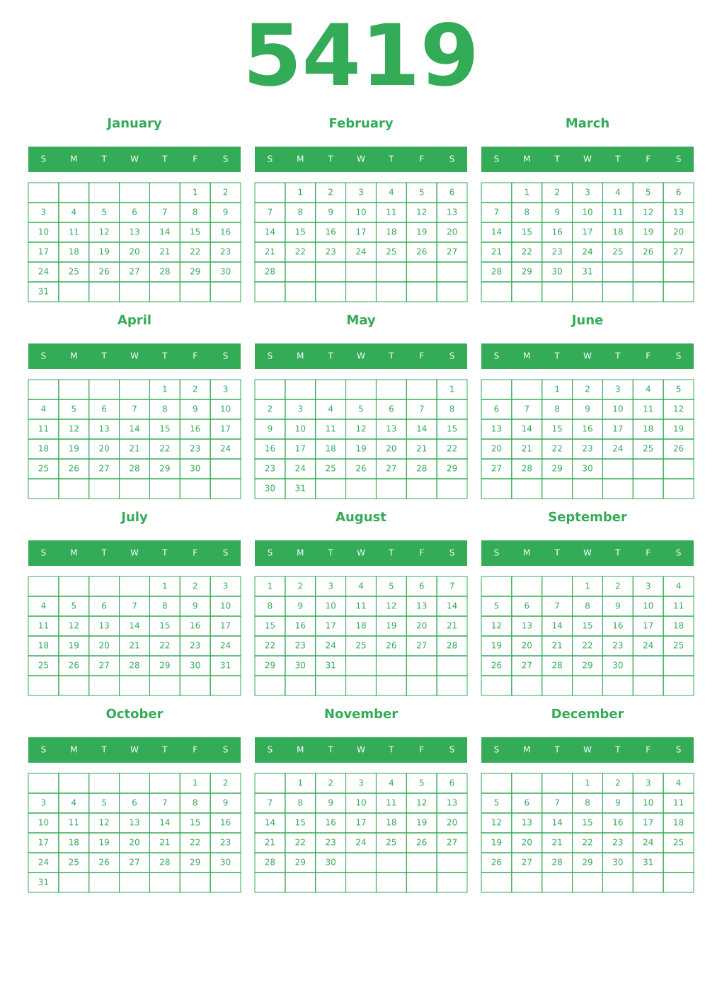 Printable 5419 Year Calendars green