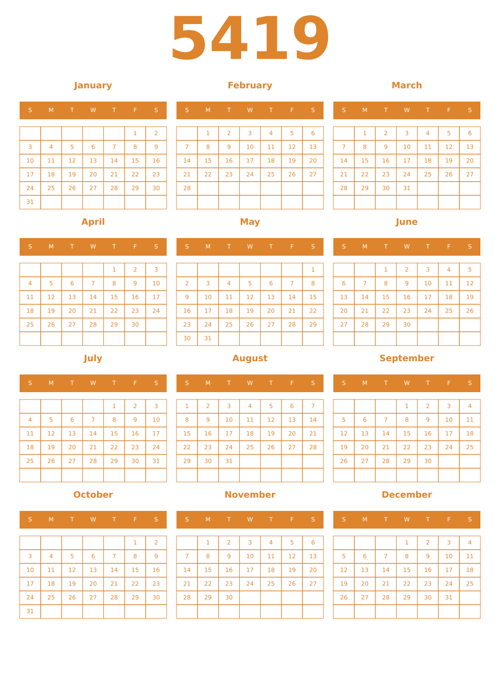 Printable 5419 Year Calendars orange