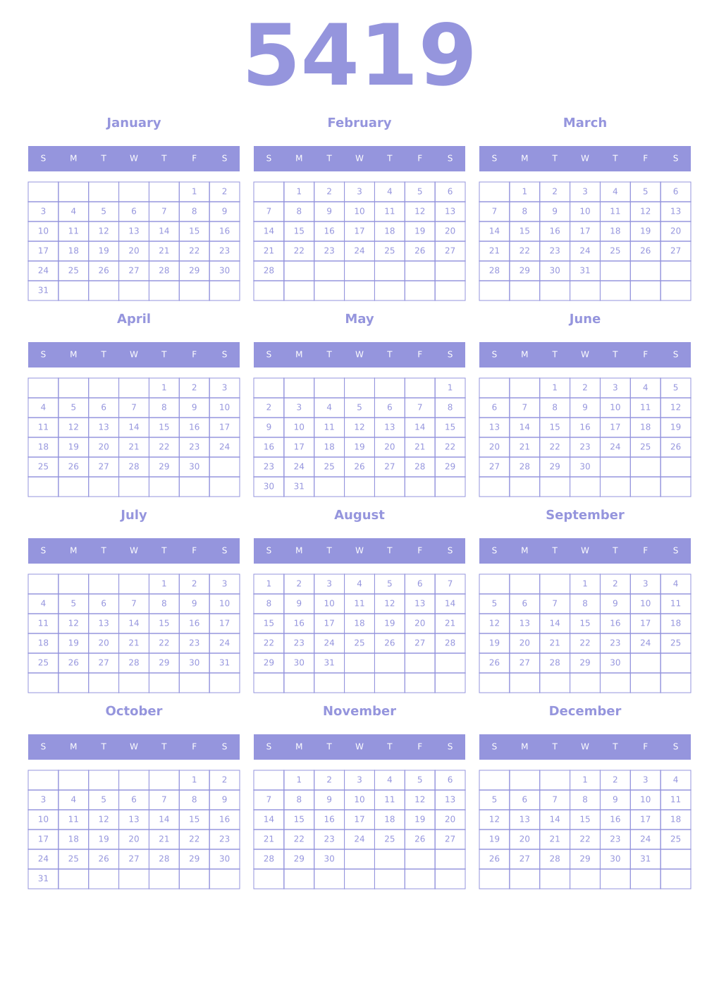 Printable 5419 Year Calendars periwinkle