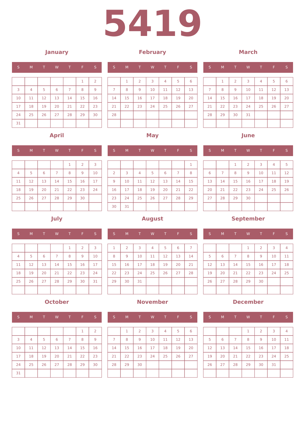 Printable 5419 Year Calendars puce