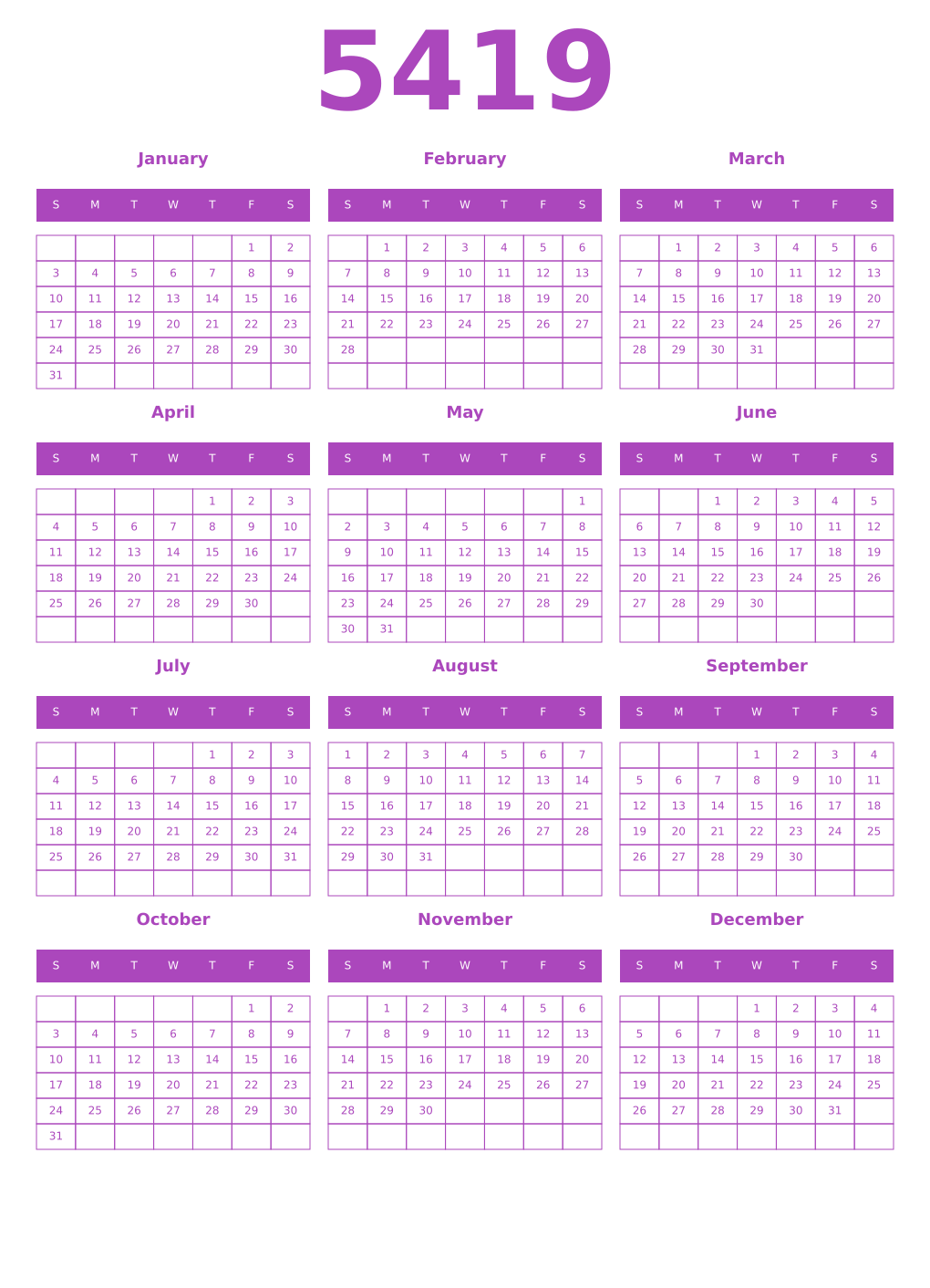 Printable 5419 Year Calendars purple