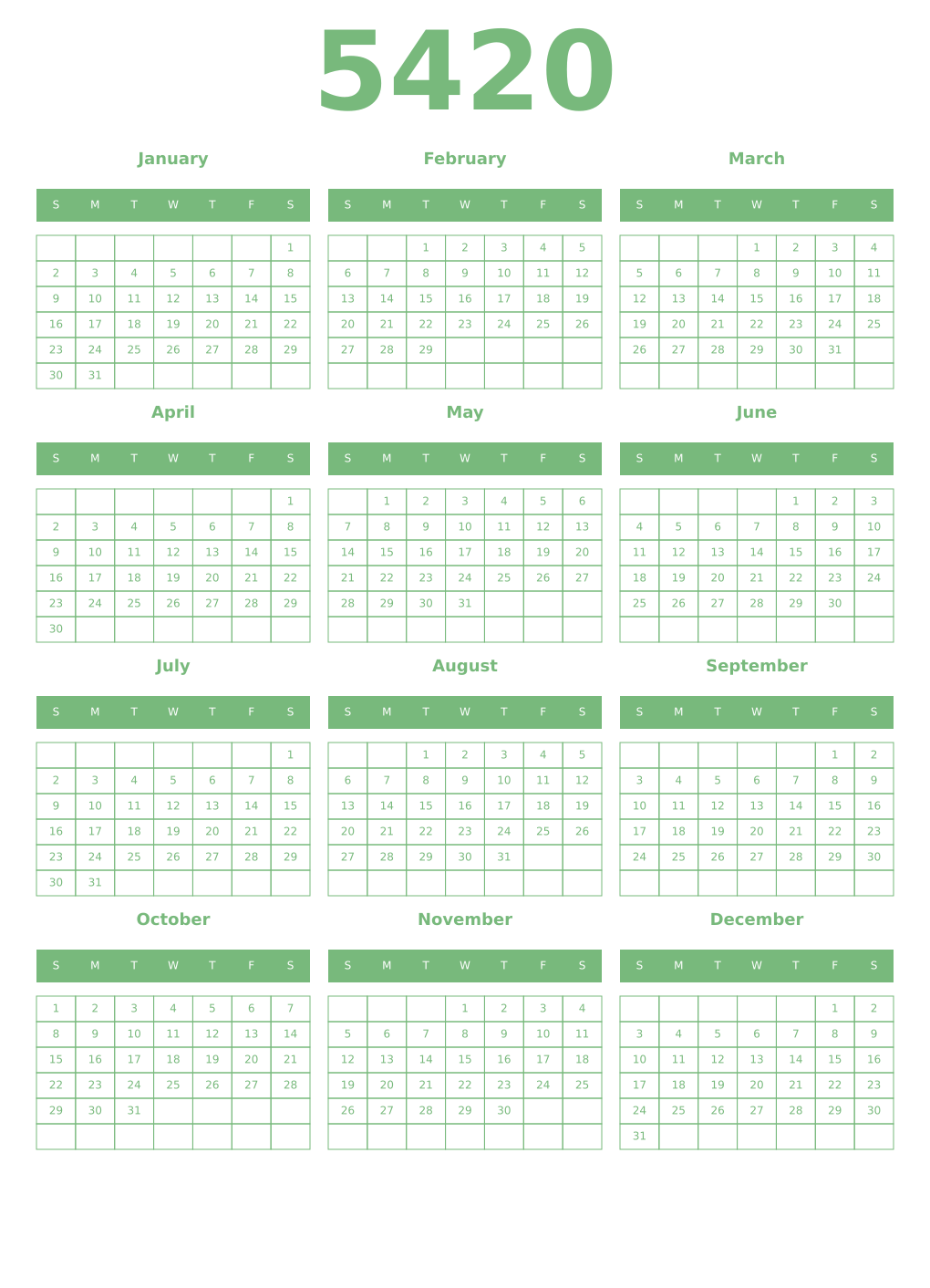 Printable 5420 Year Calendars celadon