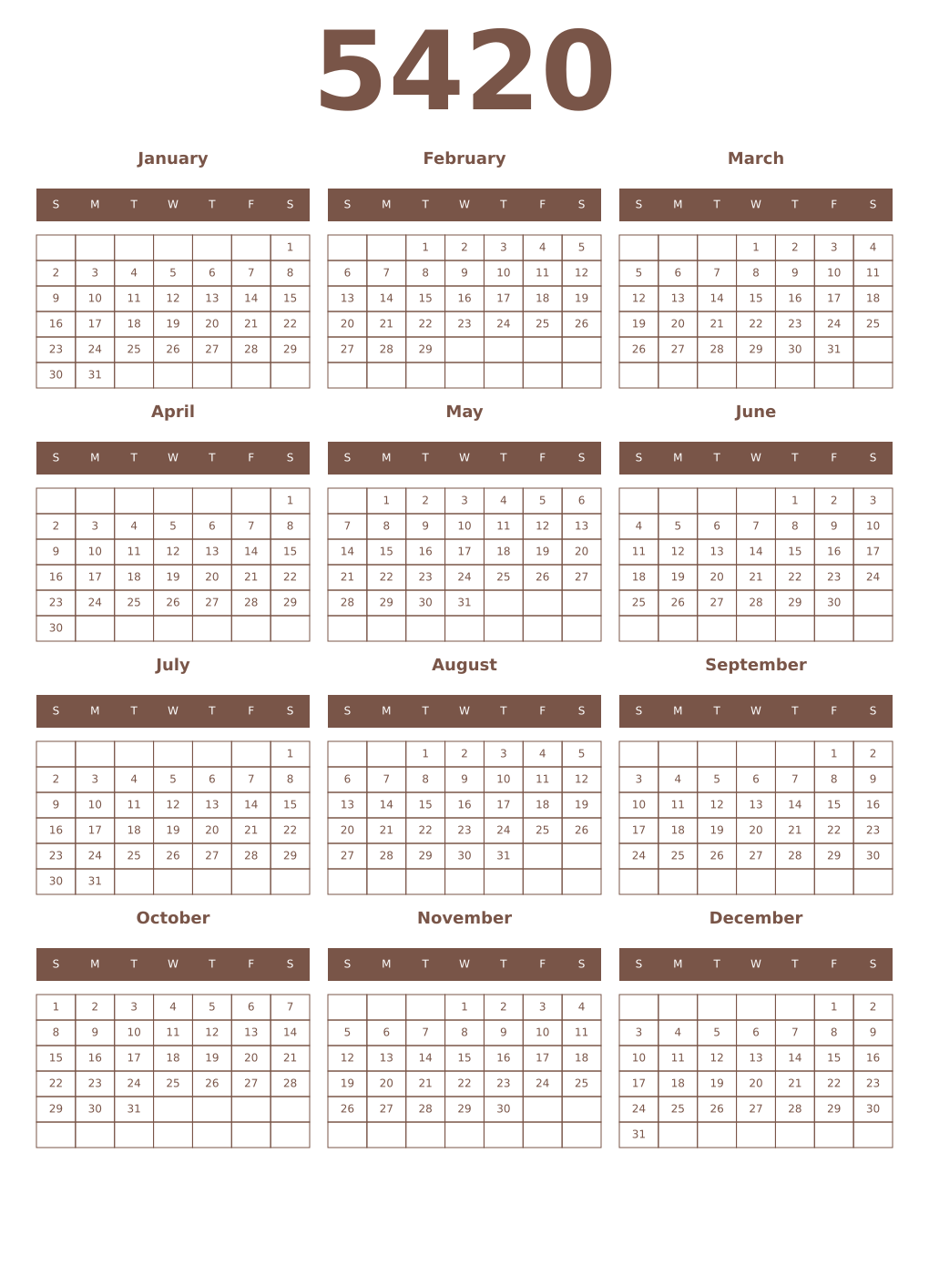 Printable 5420 Year Calendars coffe