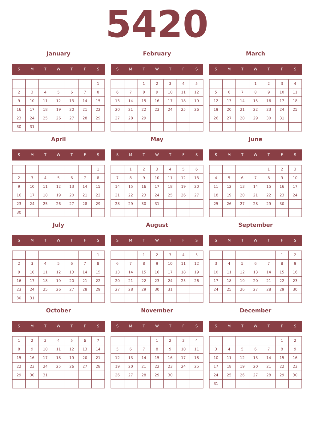 Printable 5420 Year Calendars cordovan