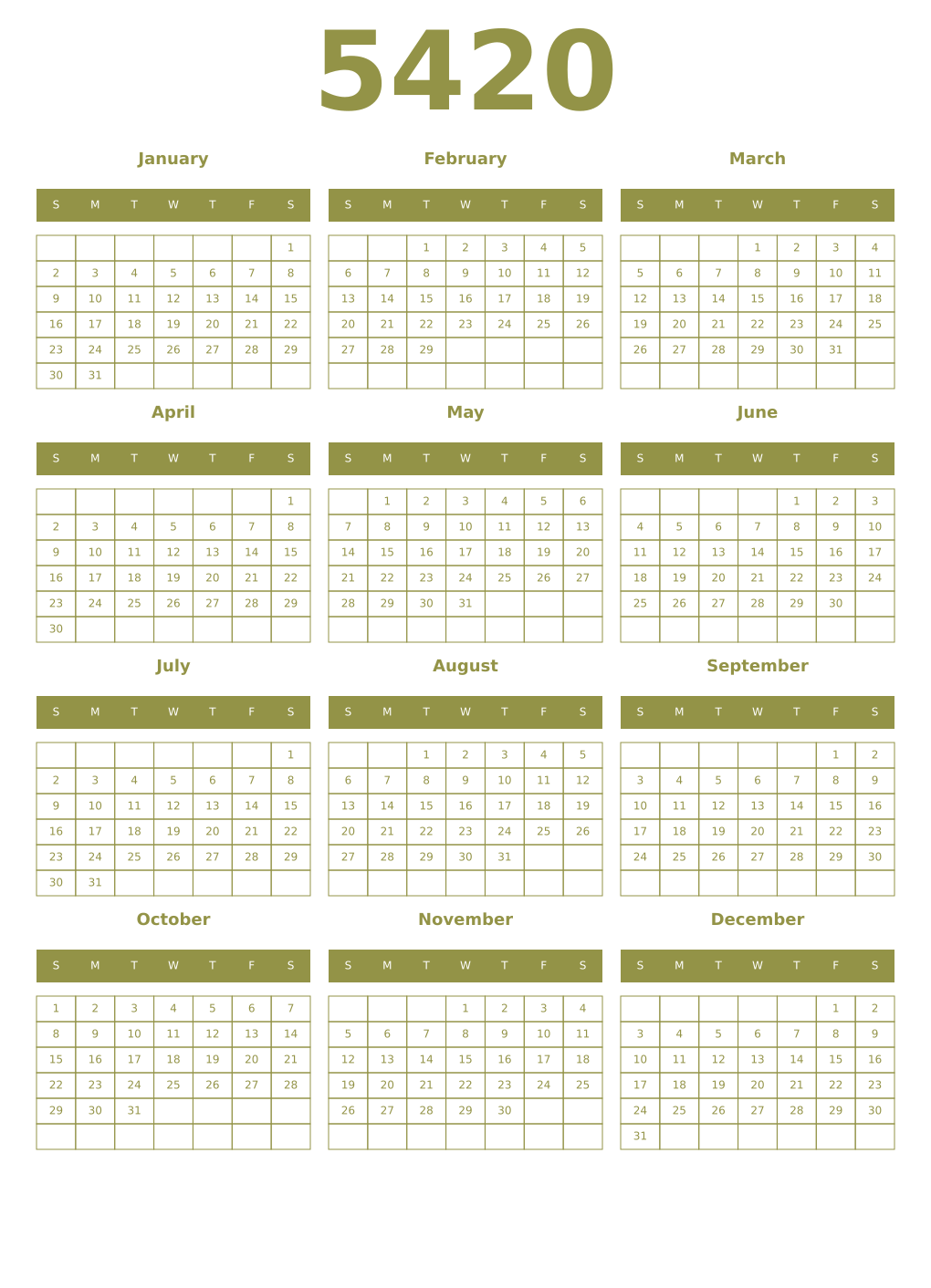 Printable 5420 Year Calendars eburnean