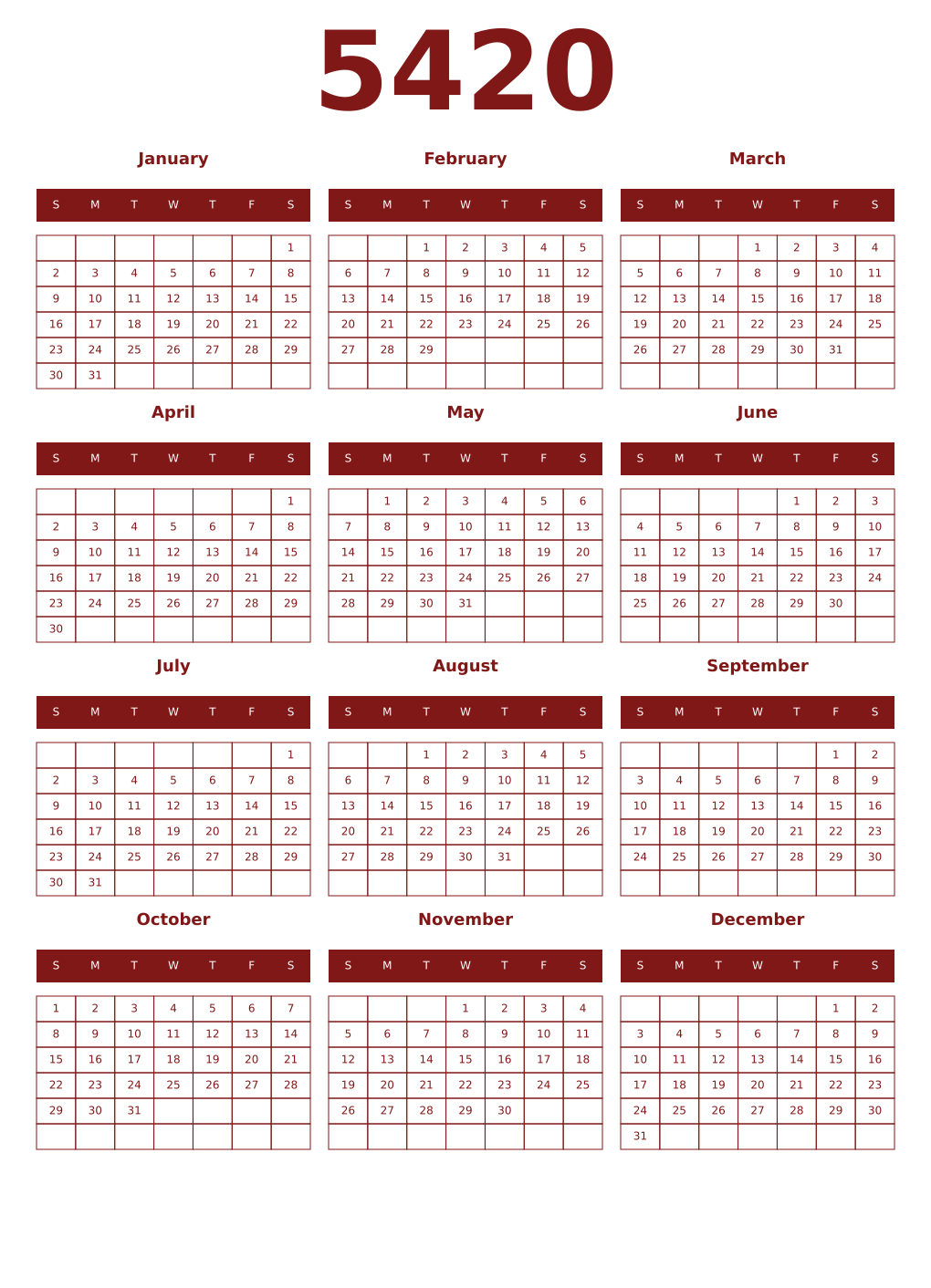 Printable 5420 Year Calendars falu