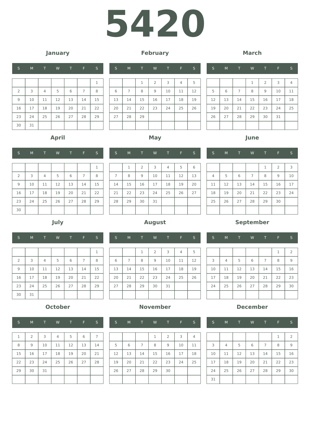 Printable 5420 Year Calendars feldgrau