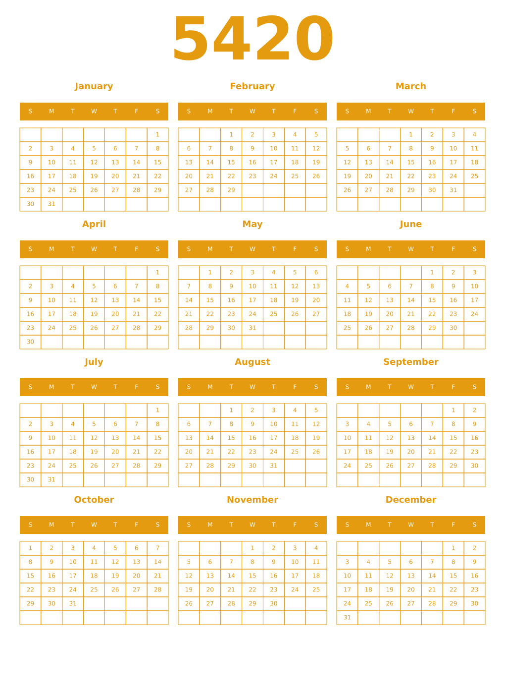 Printable 5420 Year Calendars gamboge