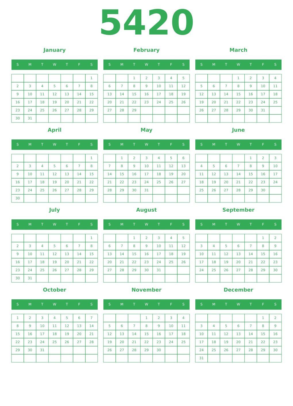 Printable 5420 Year Calendars green