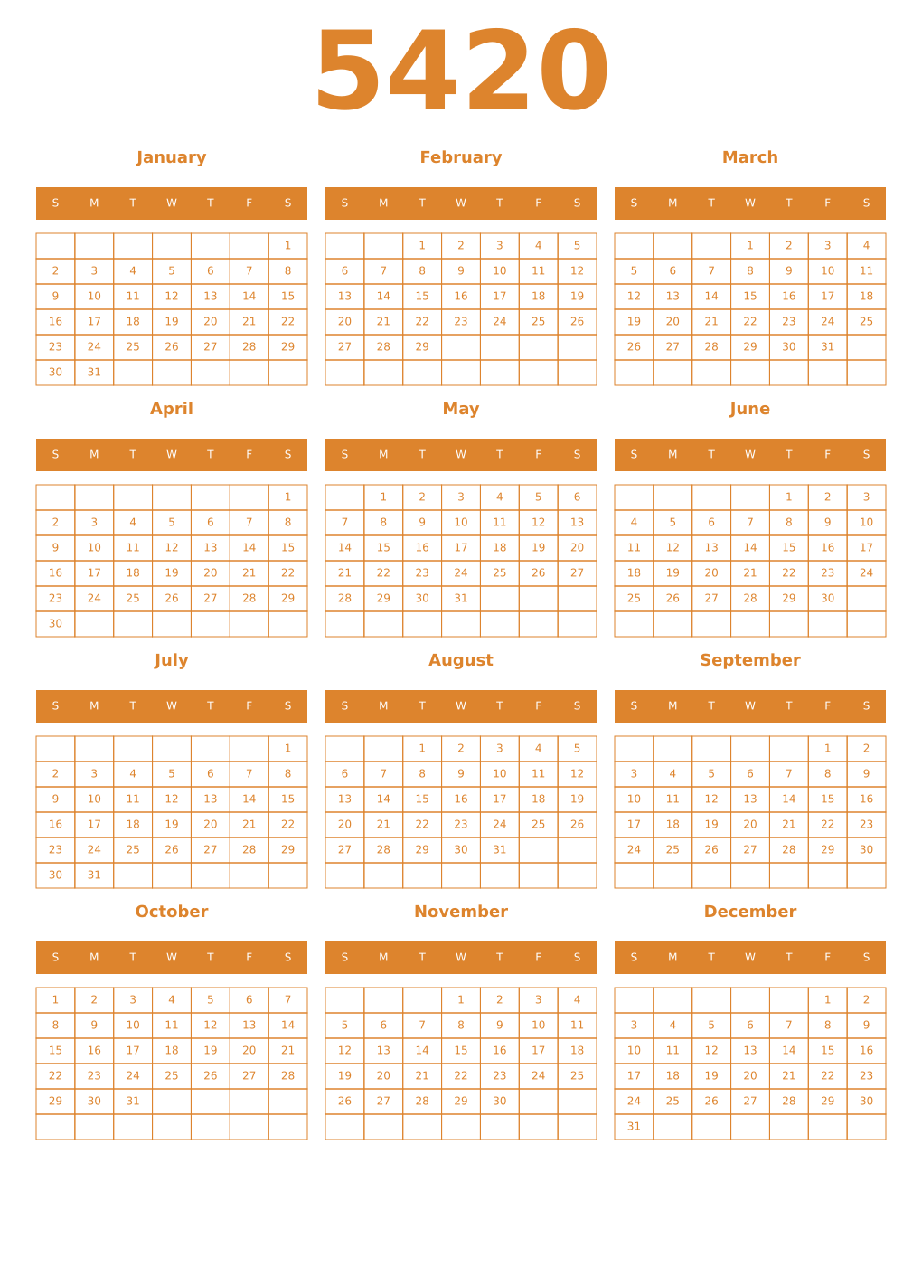 Printable 5420 Year Calendars orange