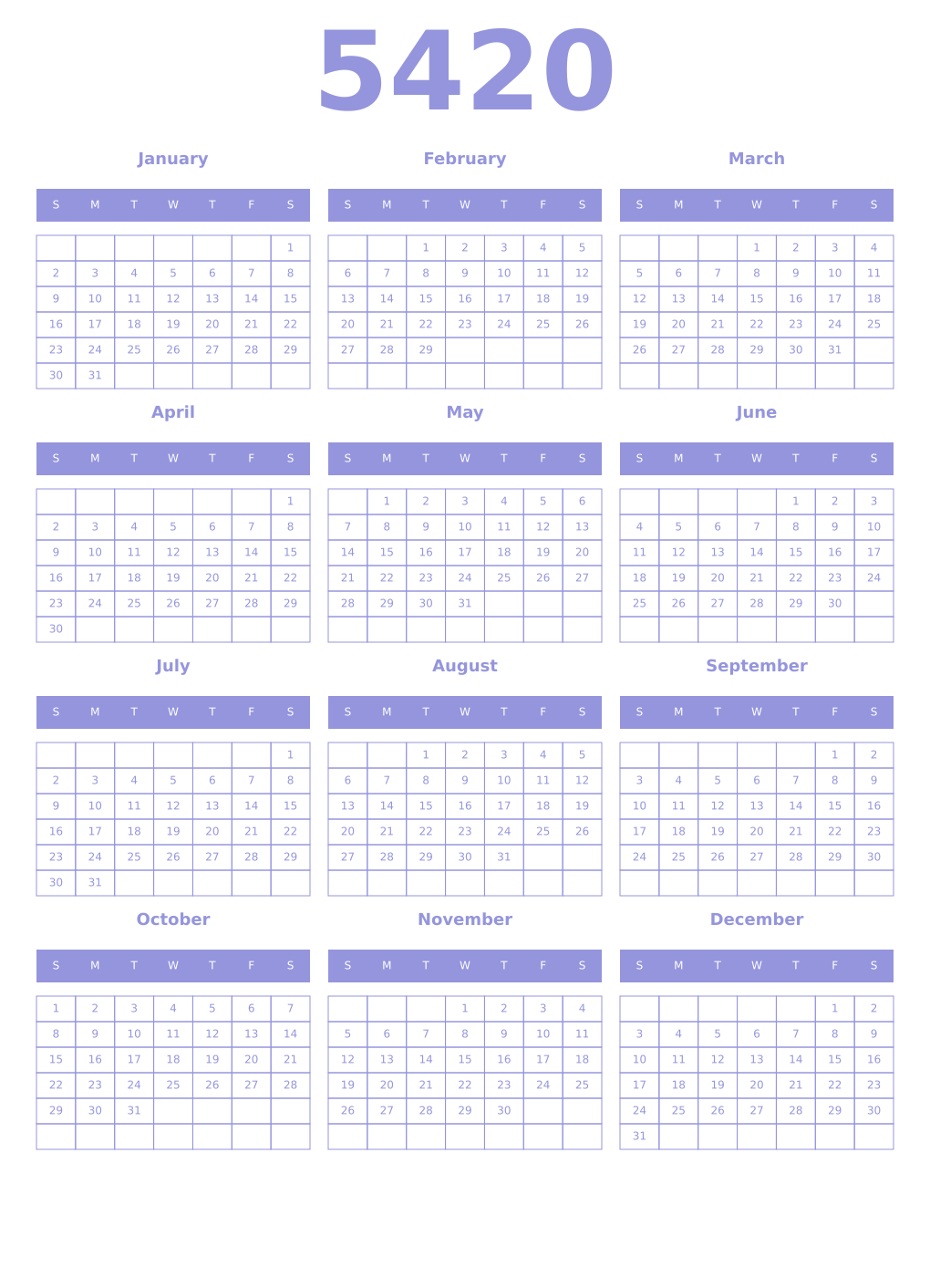 Printable 5420 Year Calendars periwinkle
