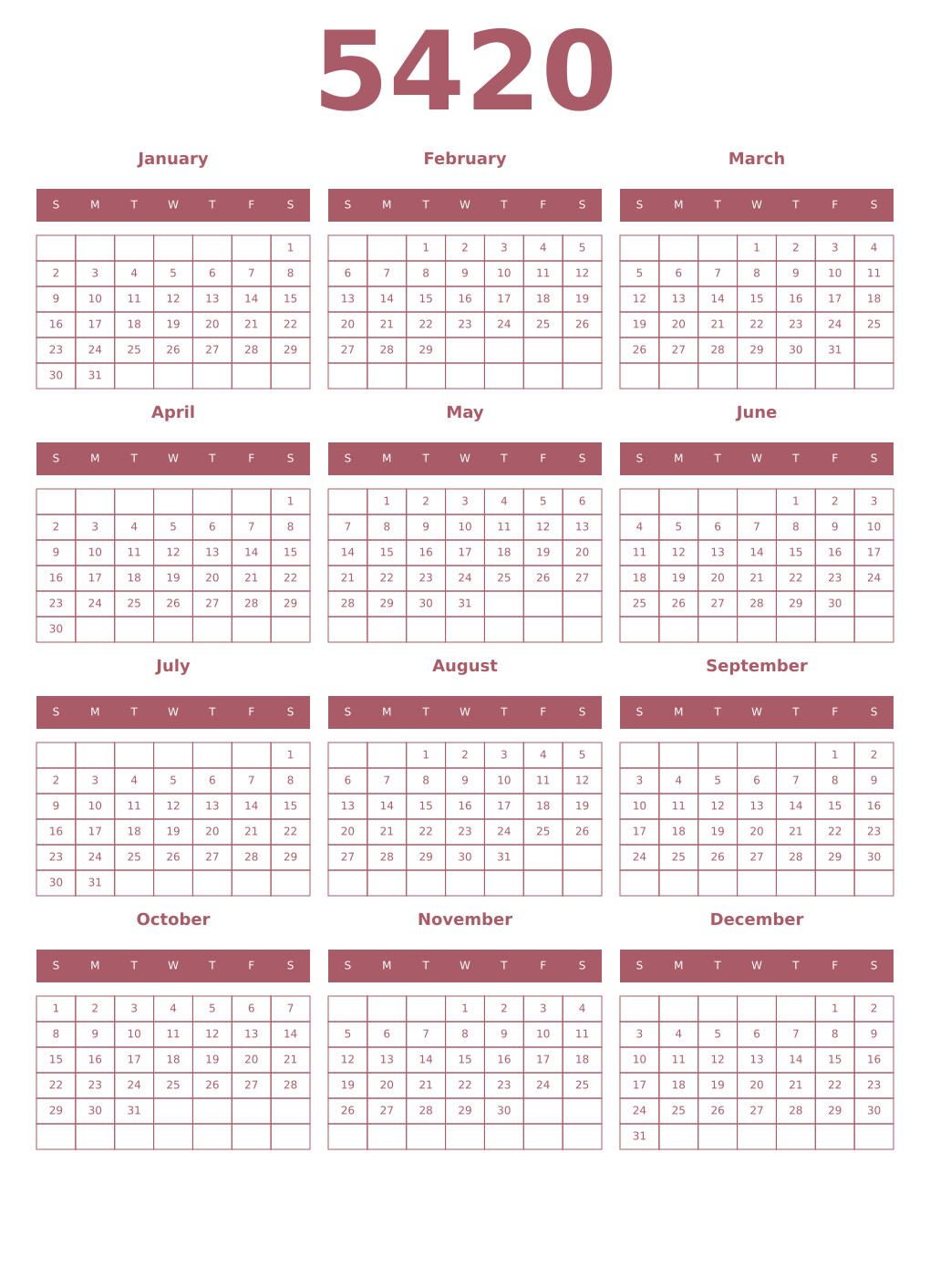 Printable 5420 Year Calendars puce
