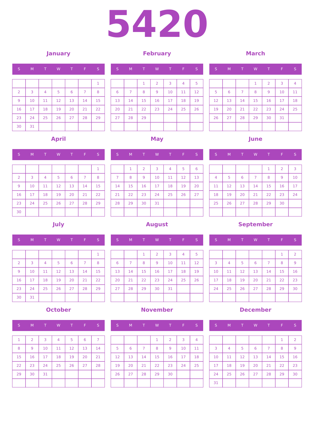 Printable 5420 Year Calendars purple
