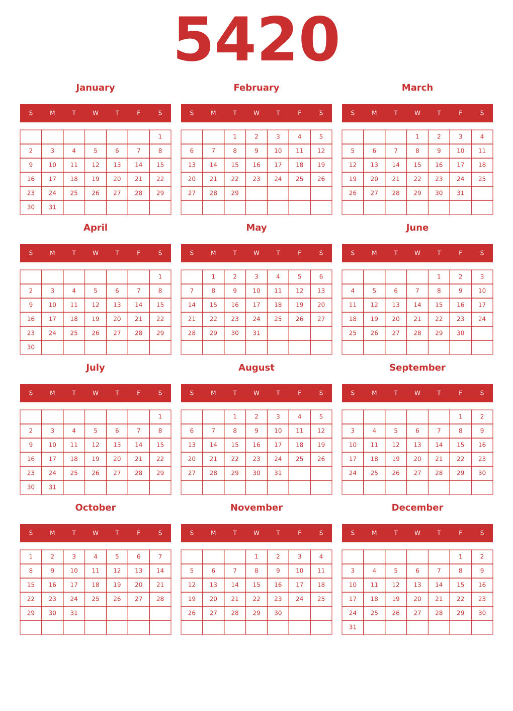 Printable 5420 Year Calendars red