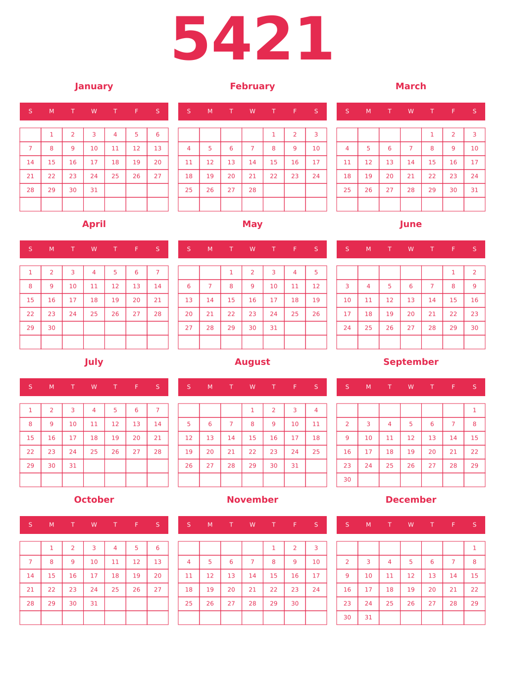 Printable 5421 Year Calendars amaranth