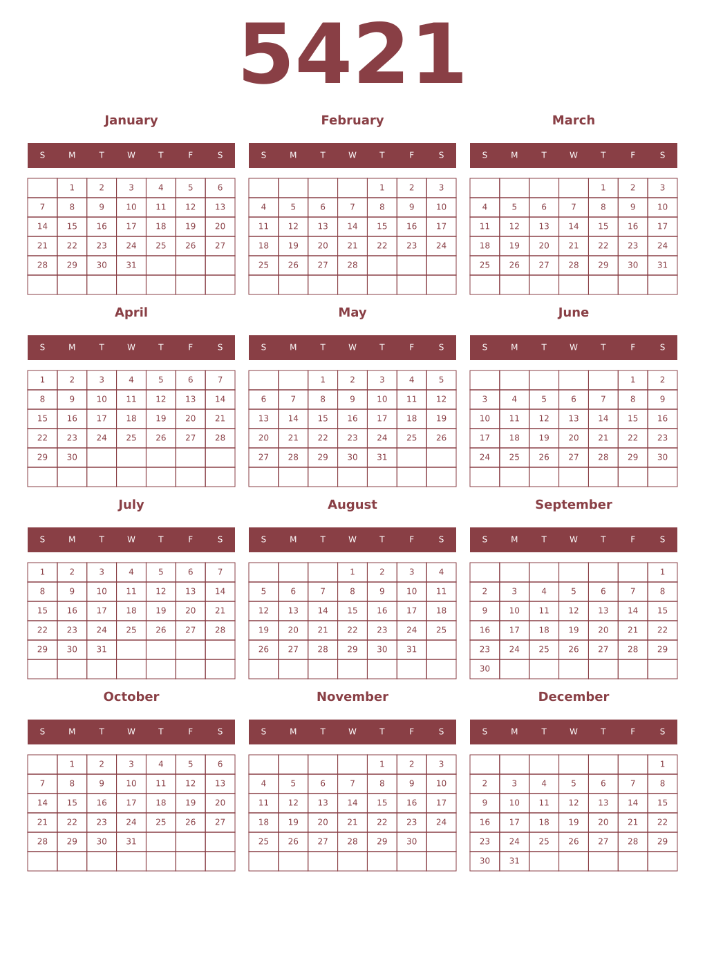 Printable 5421 Year Calendars cordovan