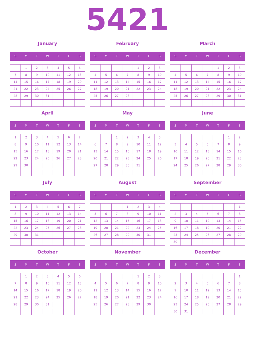 Printable 5421 Year Calendars purple