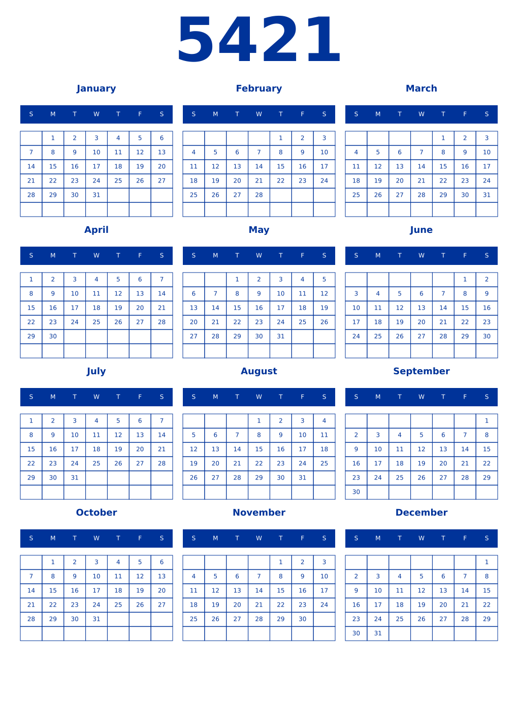 Printable 5421 Year Calendars smalt