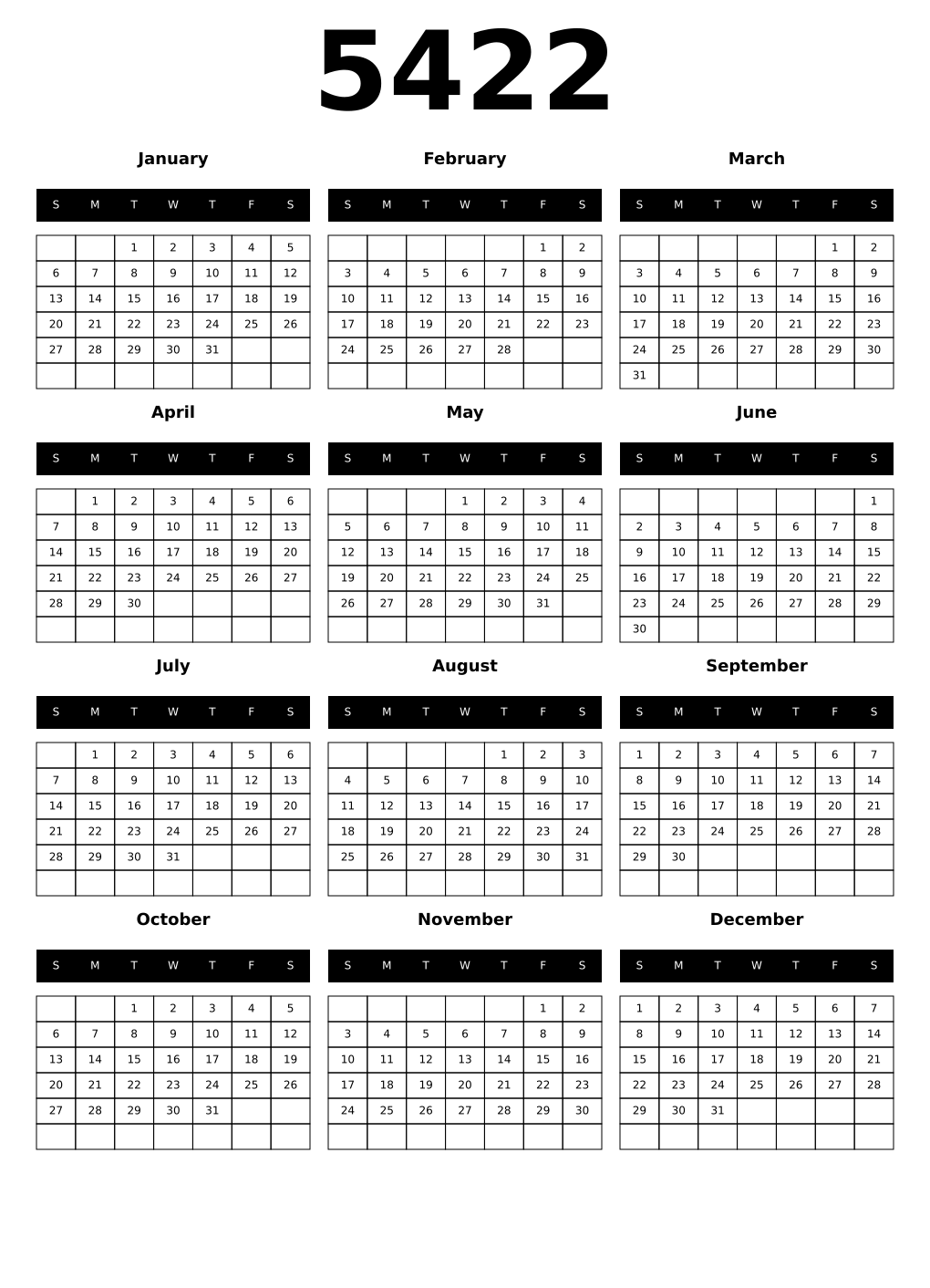 Printable 5422 Year Calendars black