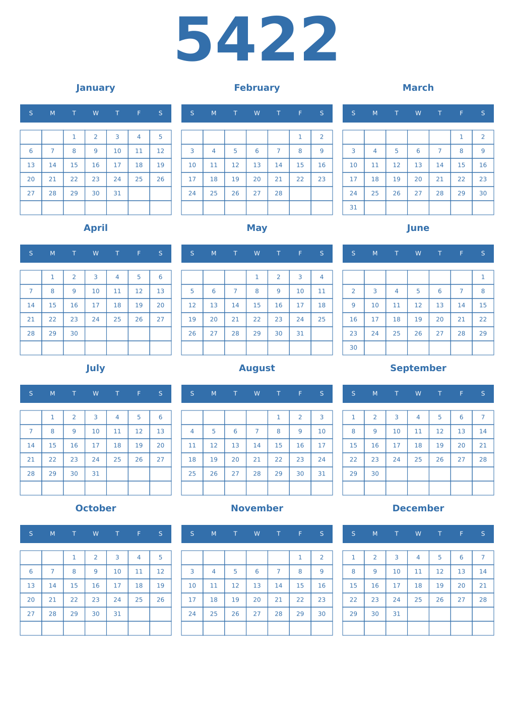 Printable 5422 Year Calendars blue