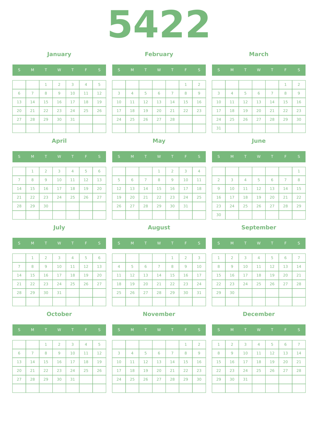 Printable 5422 Year Calendars celadon