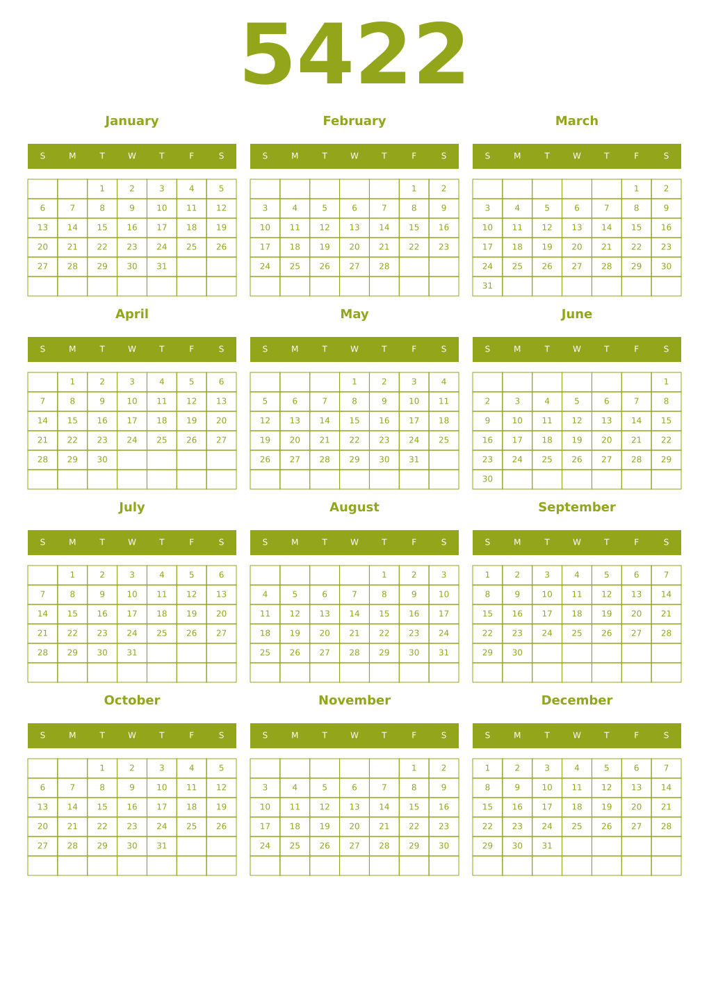 Printable 5422 Year Calendars chartreuse