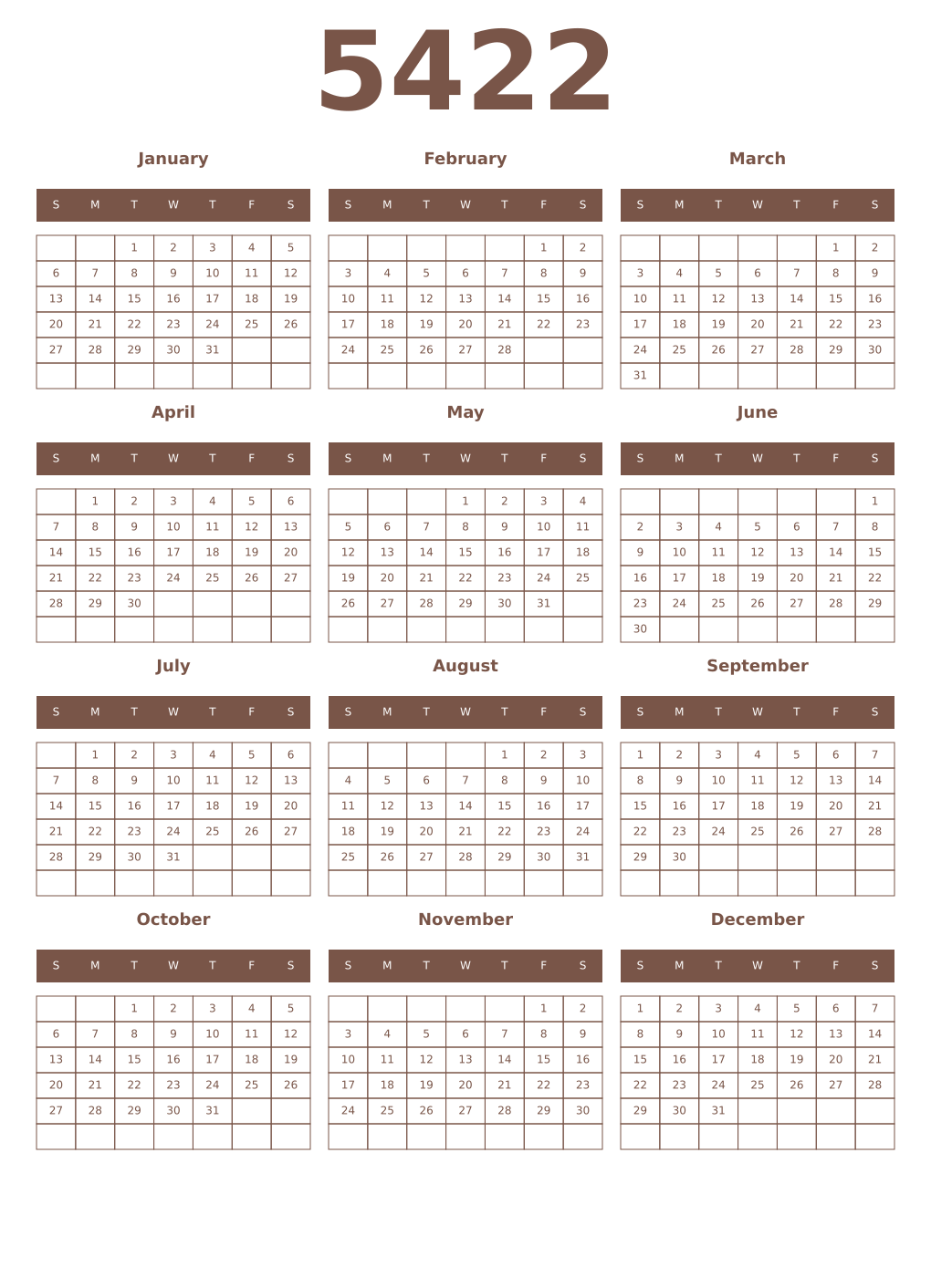 Printable 5422 Year Calendars coffe