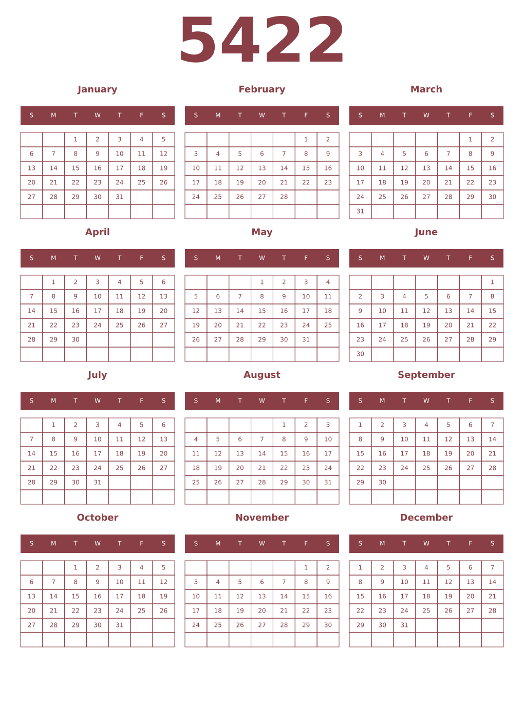 Printable 5422 Year Calendars cordovan
