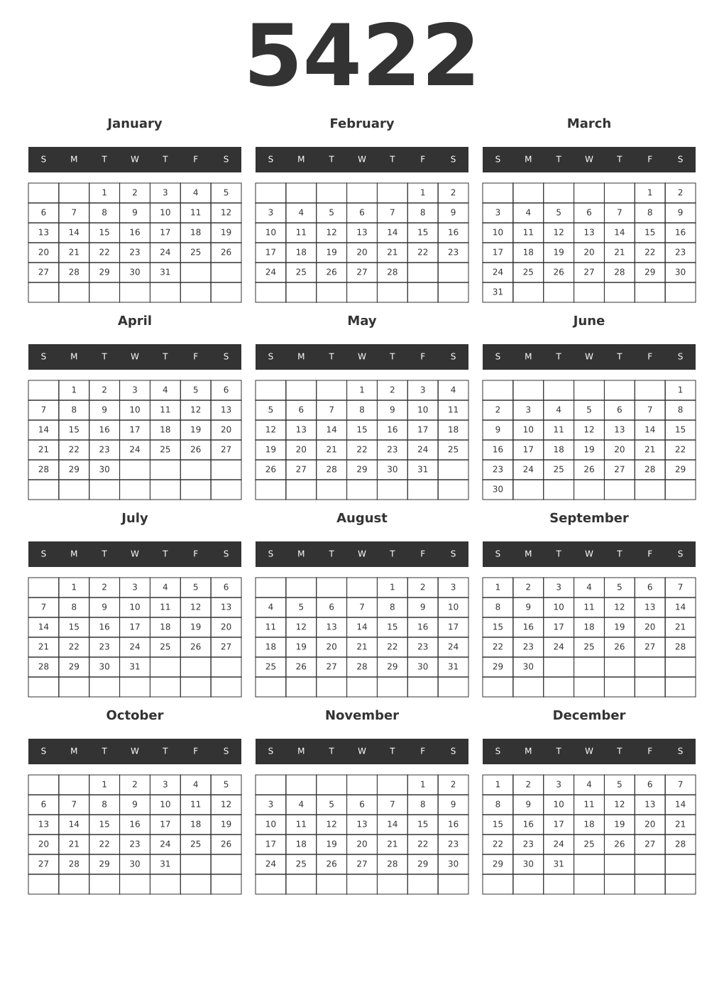 Printable 5422 Year Calendars dark