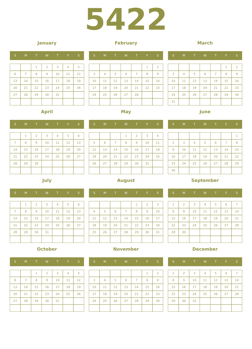 Printable 5422 Year Calendars eburnean