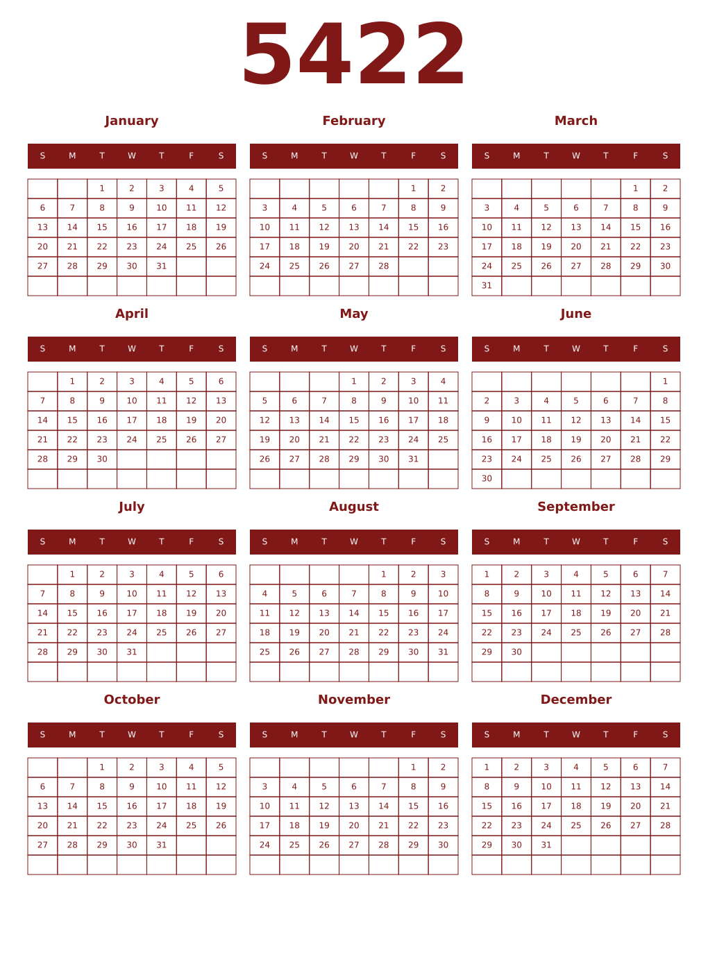 Printable 5422 Year Calendars falu