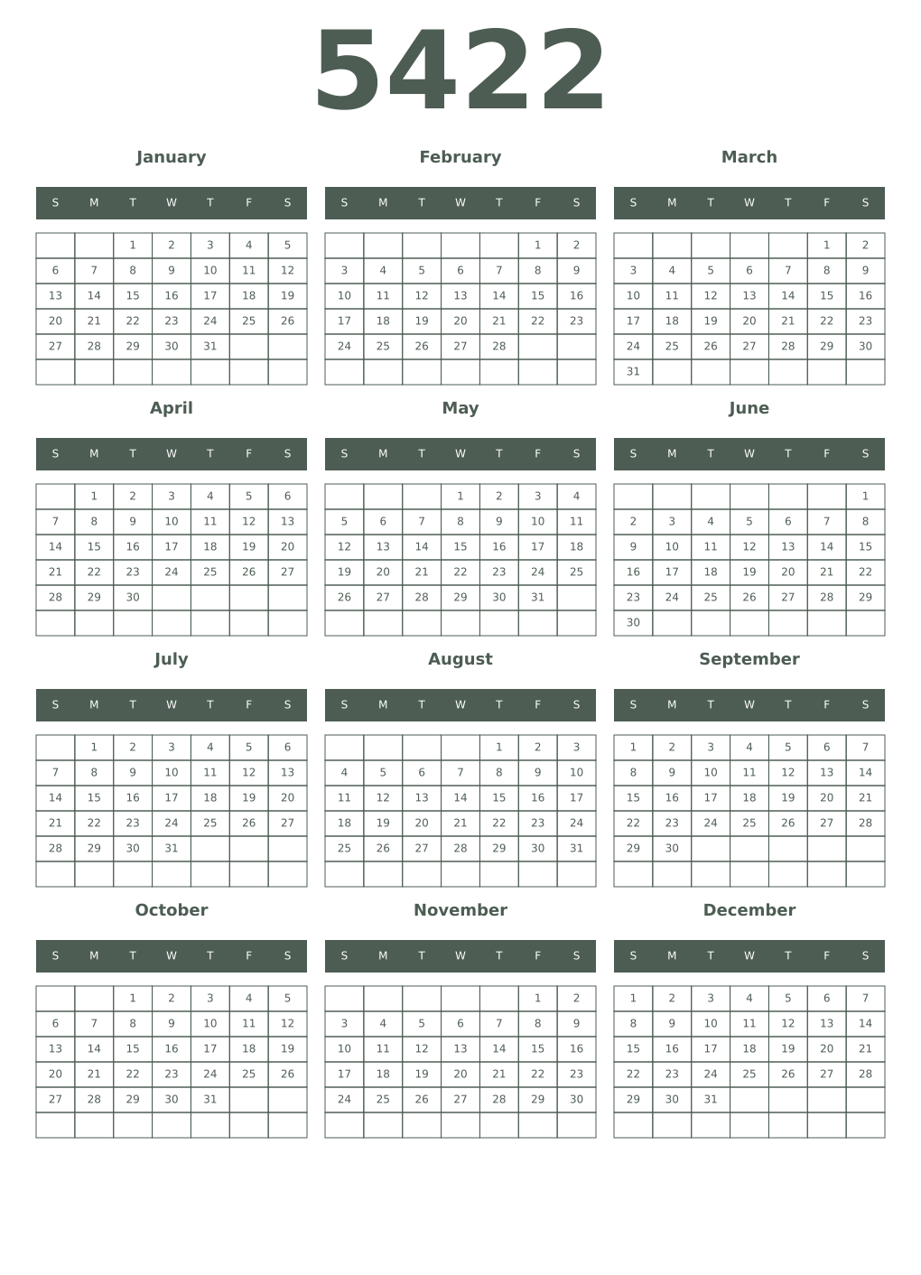 Printable 5422 Year Calendars feldgrau