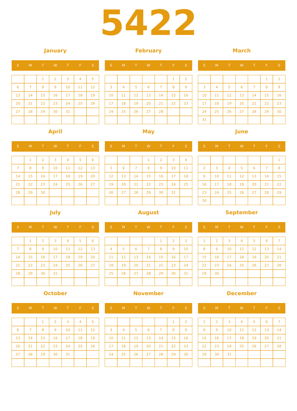 Printable 5422 Year Calendars gamboge