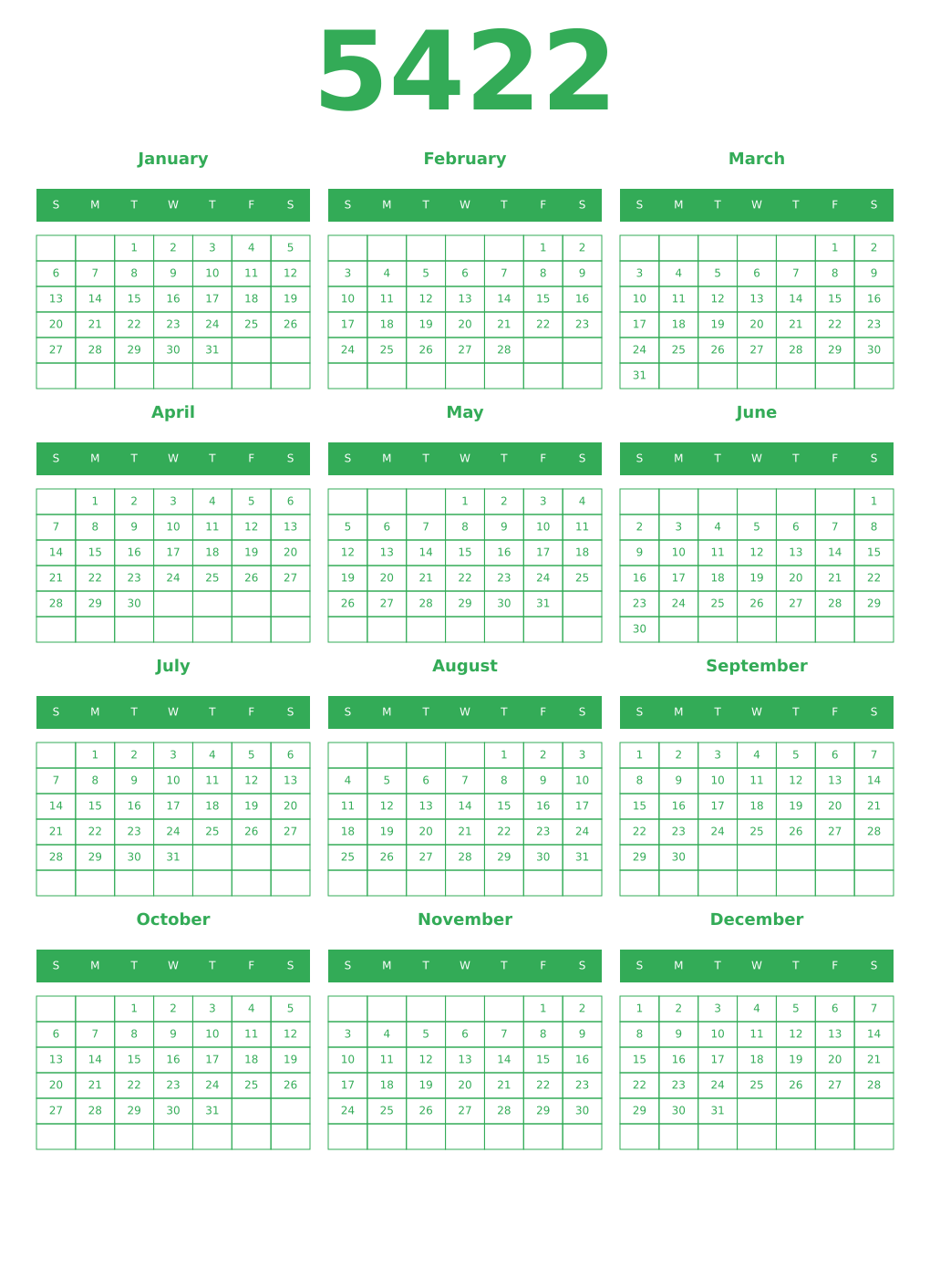 Printable 5422 Year Calendars green