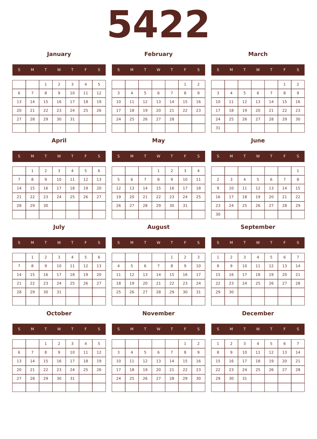 Printable 5422 Year Calendars mortuum