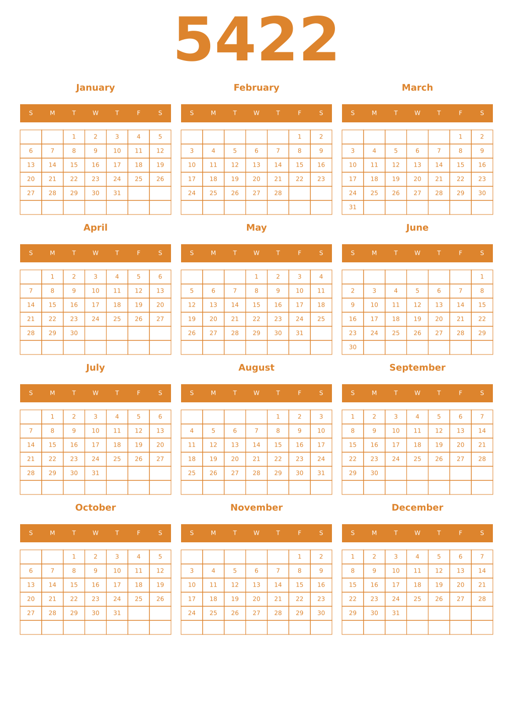 Printable 5422 Year Calendars orange
