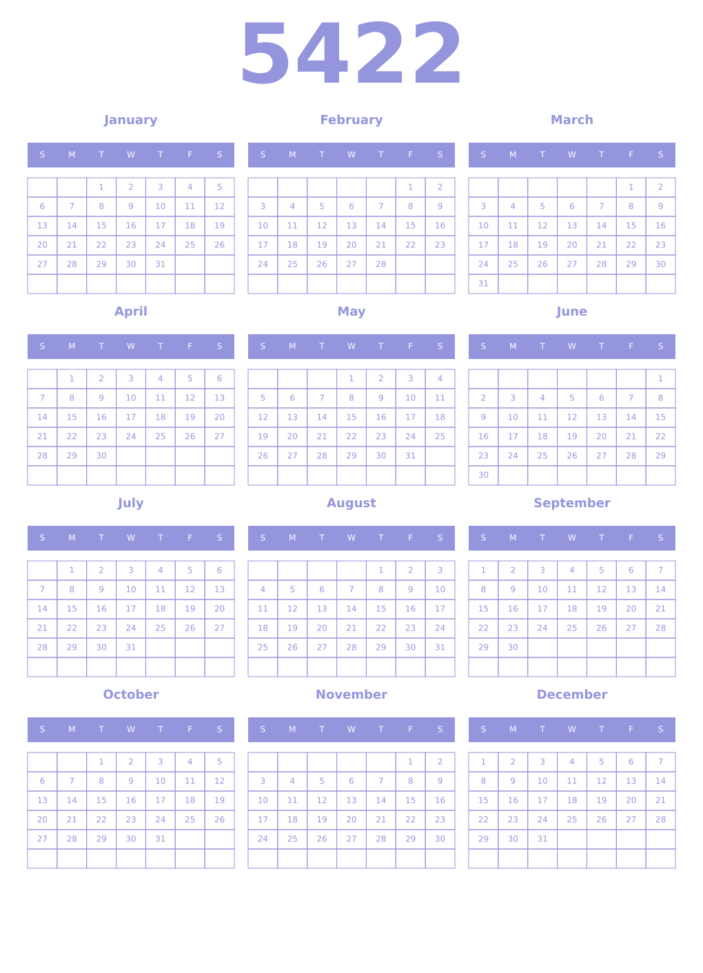 Printable 5422 Year Calendars periwinkle