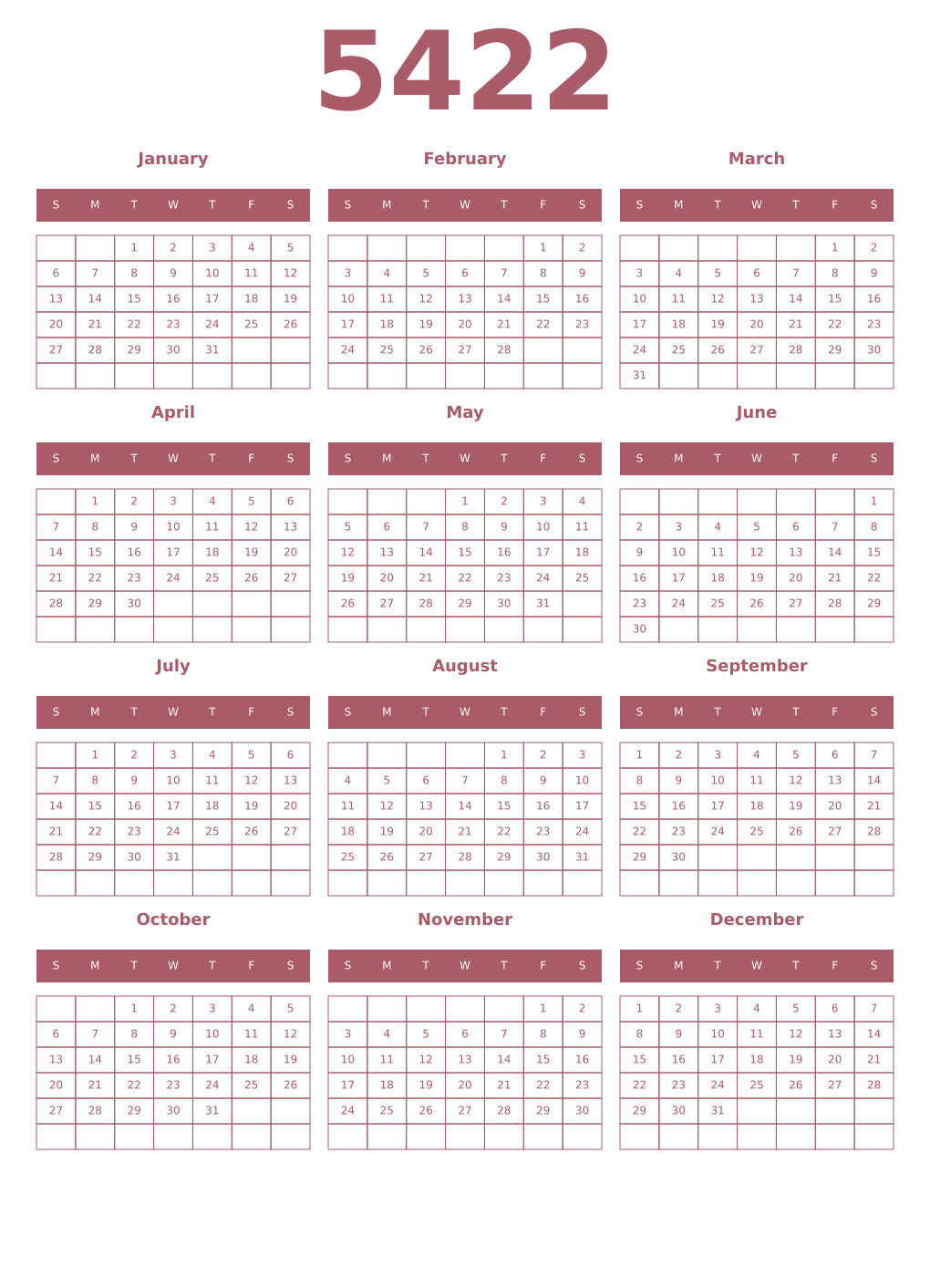 Printable 5422 Year Calendars puce
