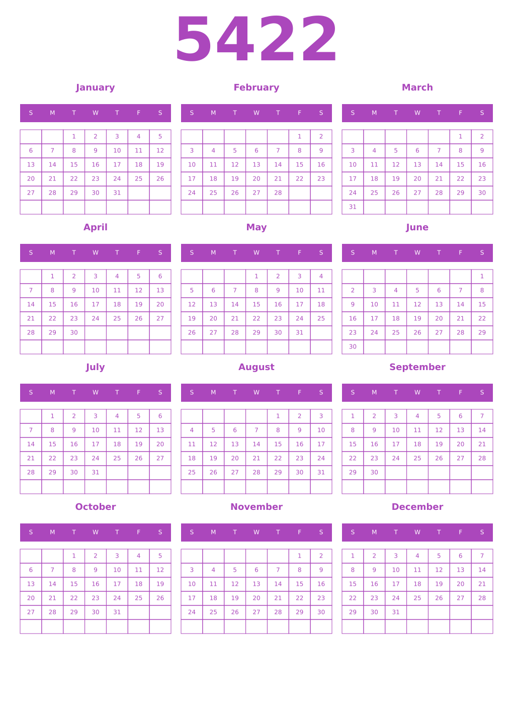 Printable 5422 Year Calendars purple