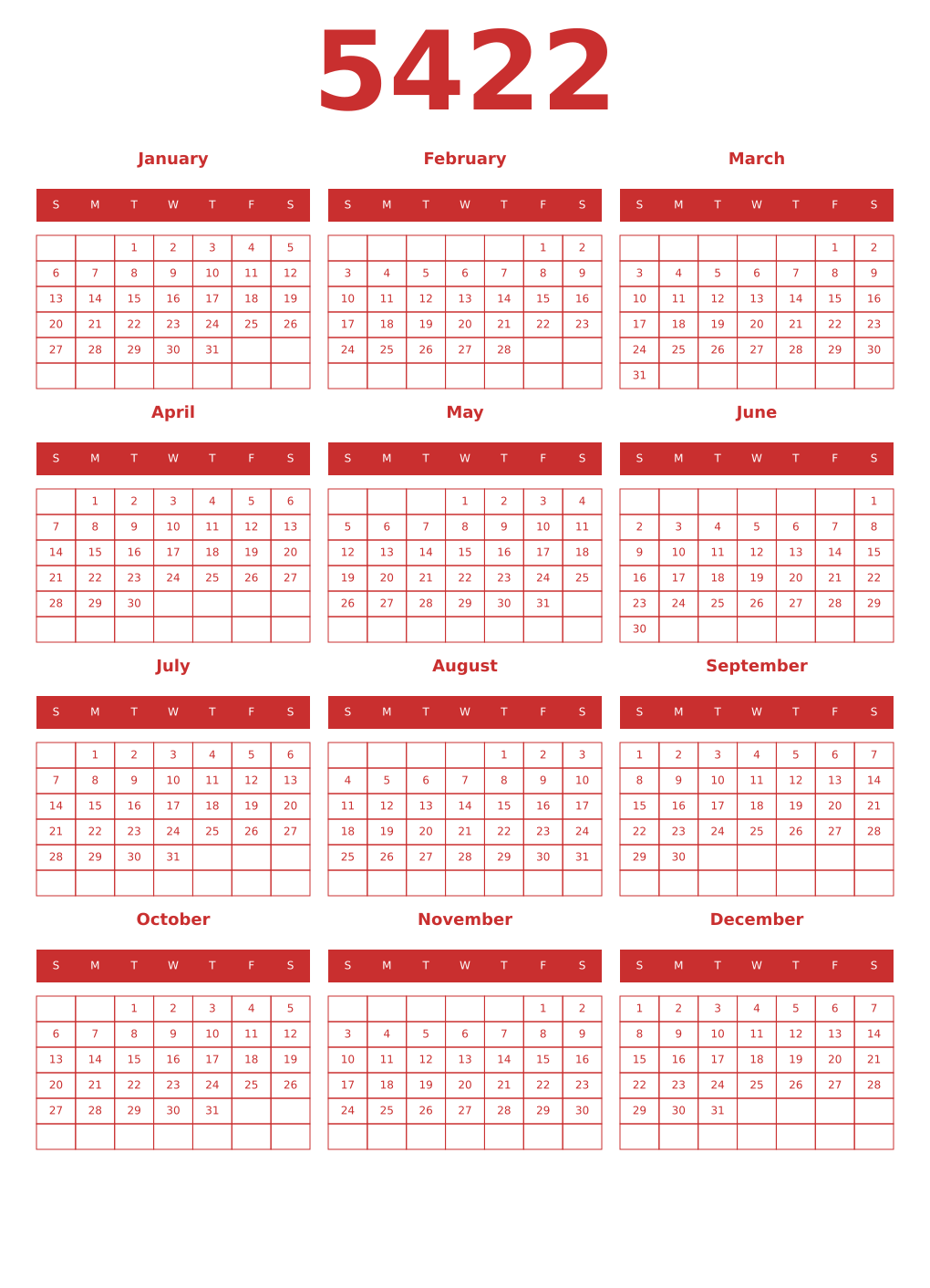 Printable 5422 Year Calendars red