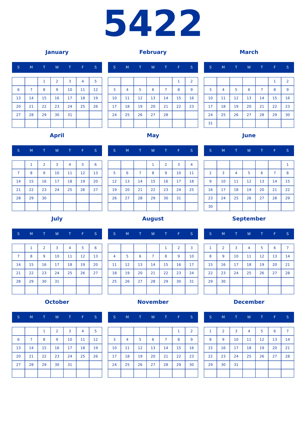 Printable 5422 Year Calendars smalt