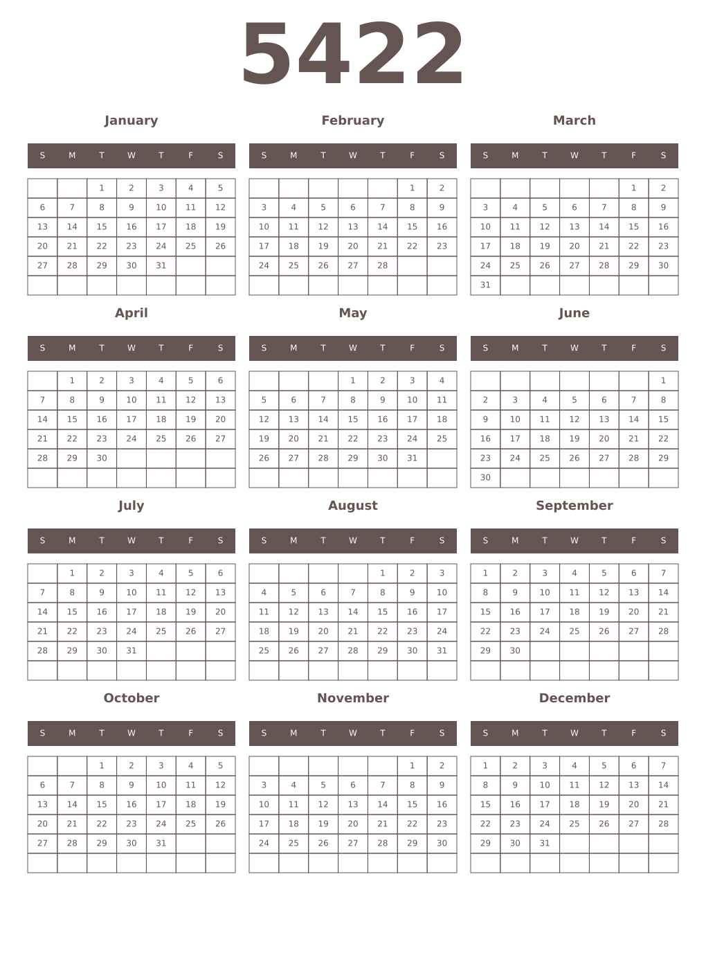 Printable 5422 Year Calendars wenge