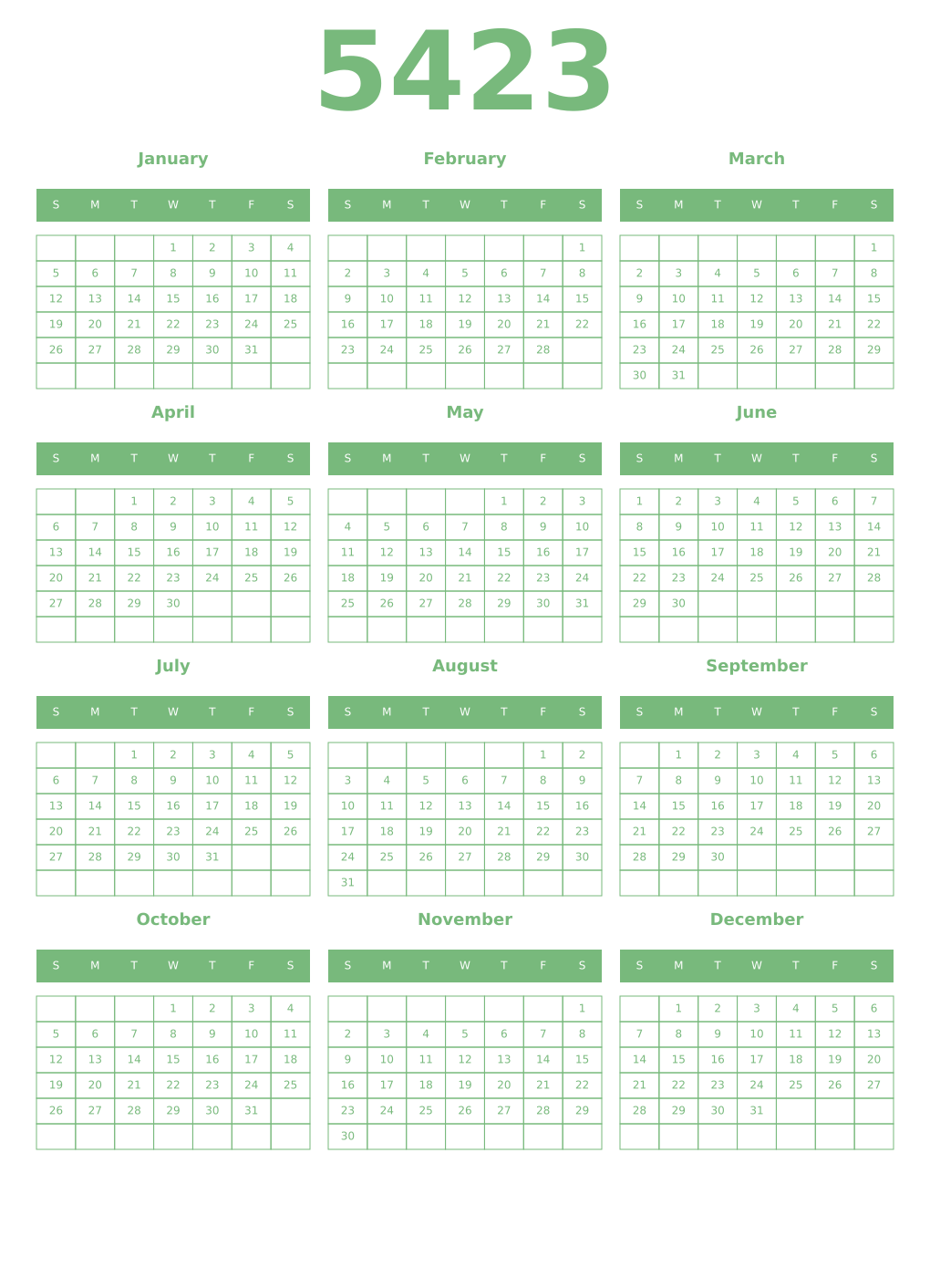 Printable 5423 Year Calendars celadon