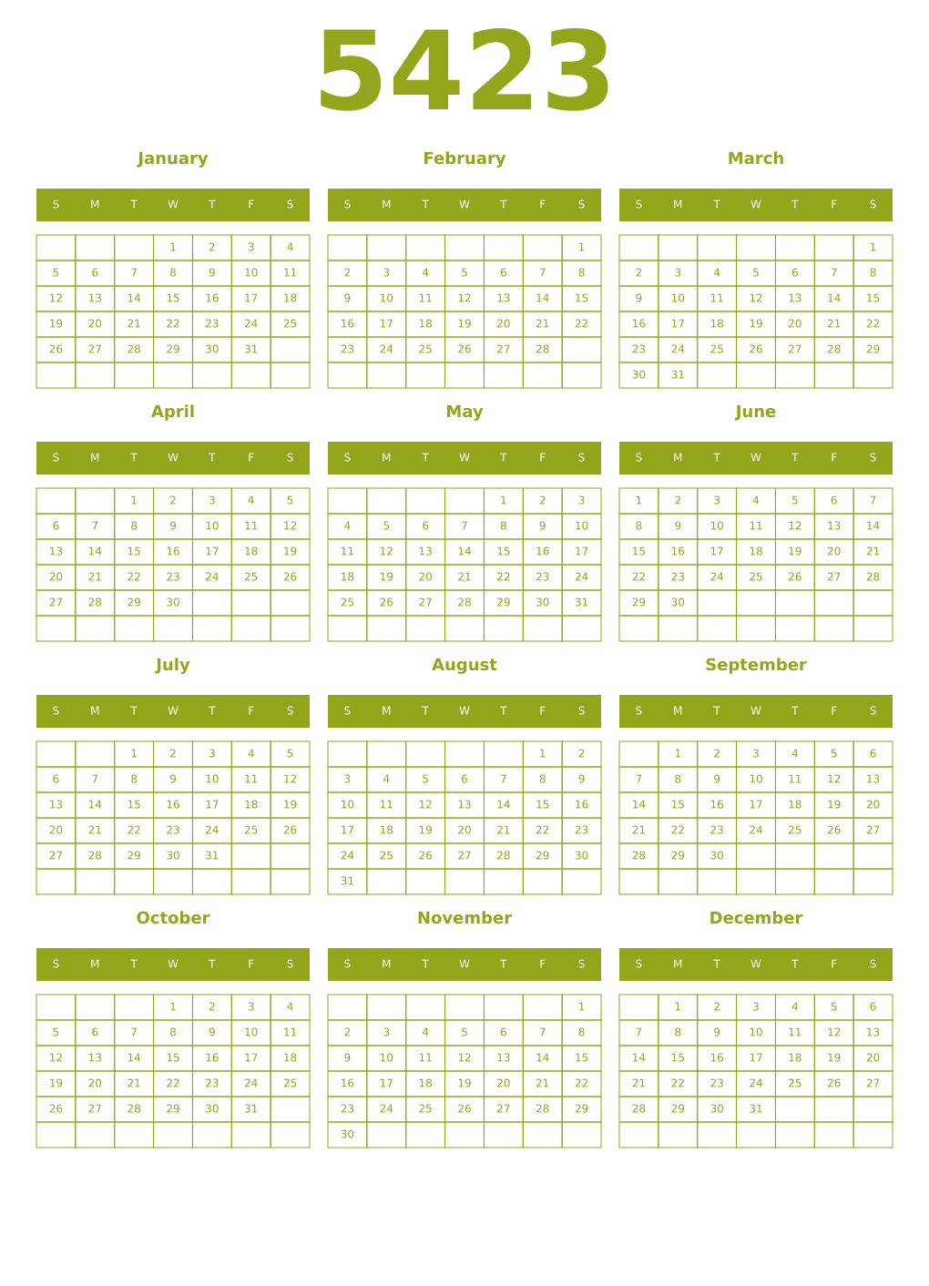 Printable 5423 Year Calendars chartreuse