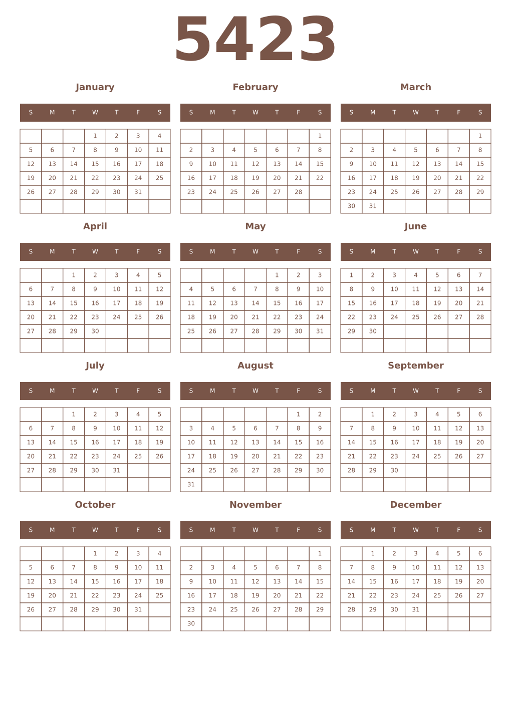 Printable 5423 Year Calendars coffe