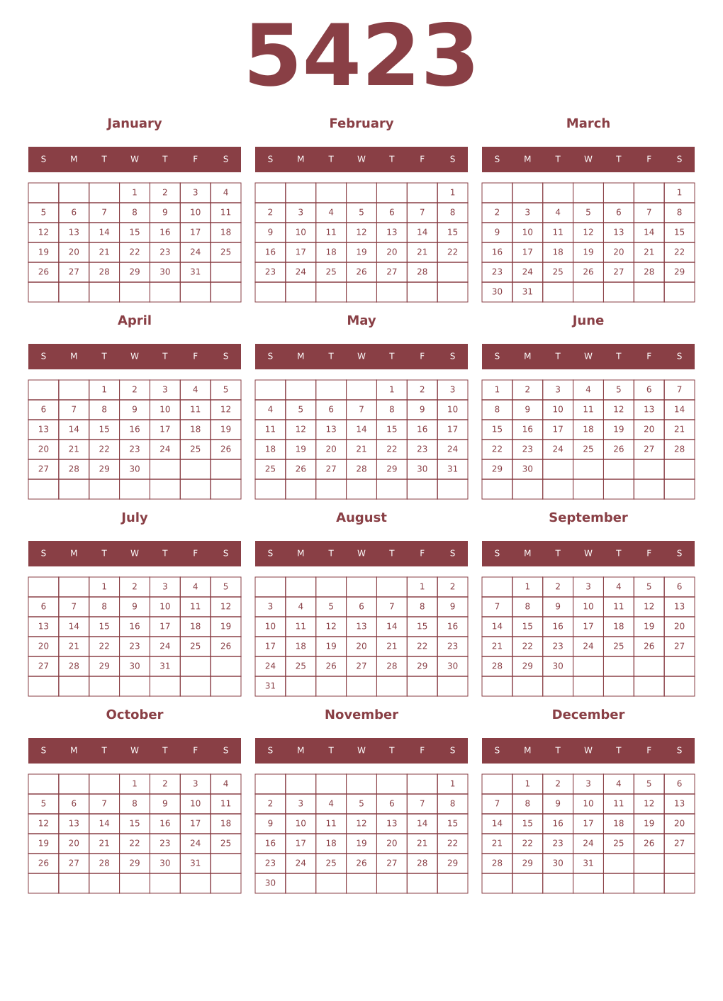 Printable 5423 Year Calendars cordovan